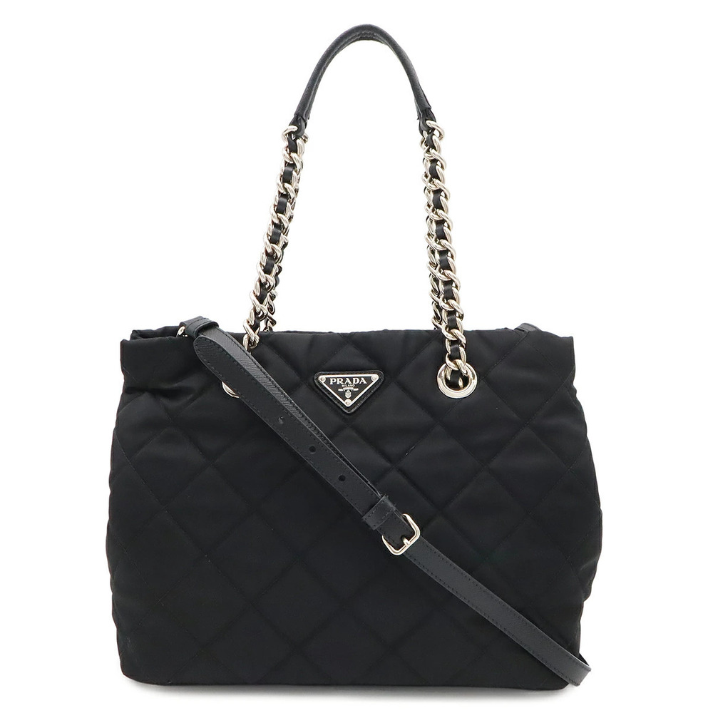 Prada Tessuto Triangle Chain Shoulder Bag Quilted NERO Black